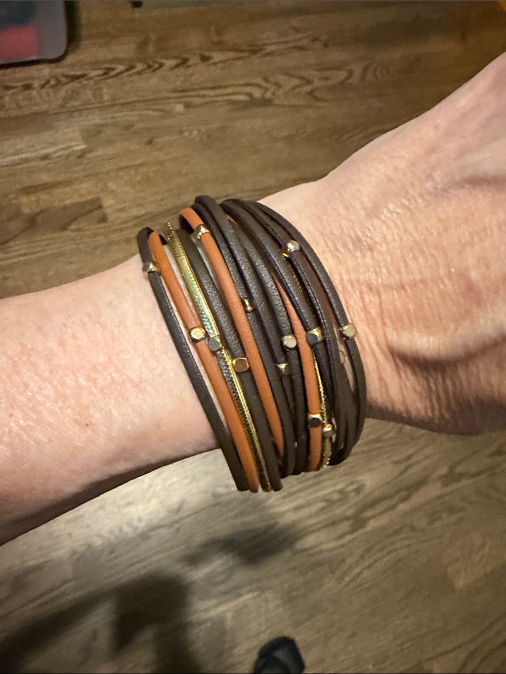 Multi-Strand Brown & Gold Faux Leather Magnetic Bracelet NWOT